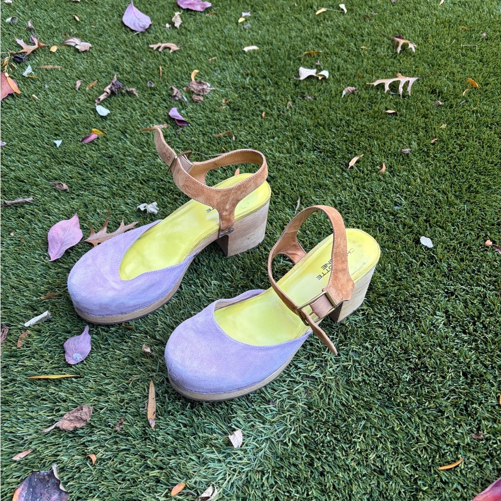 Charlotte Stone Suede Ankle Strap Molly Clogs - Purple and Tan